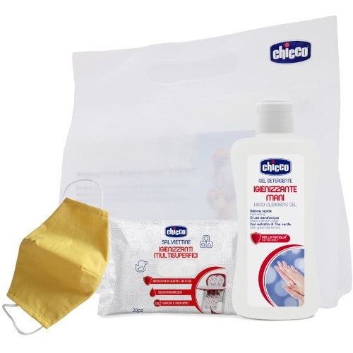 Kit Chicco Back to School cu Gel Igienizare Maini, Servetele Umede si Masca de Protectie Faciala, Galben